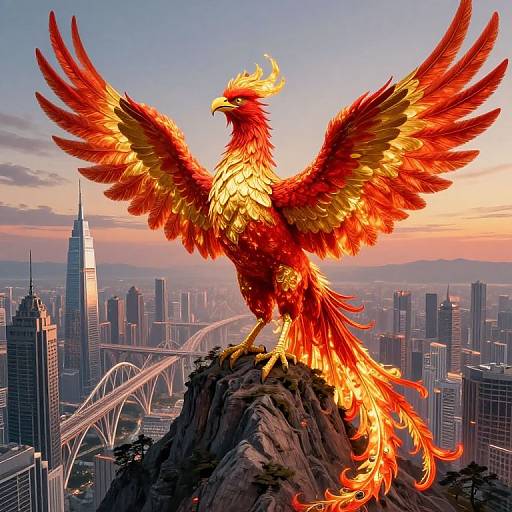 Digital art: Vibrant red and yellow phoenix with outstretched wings stands on a city rooftop, towering over skyscrapers at sunset.