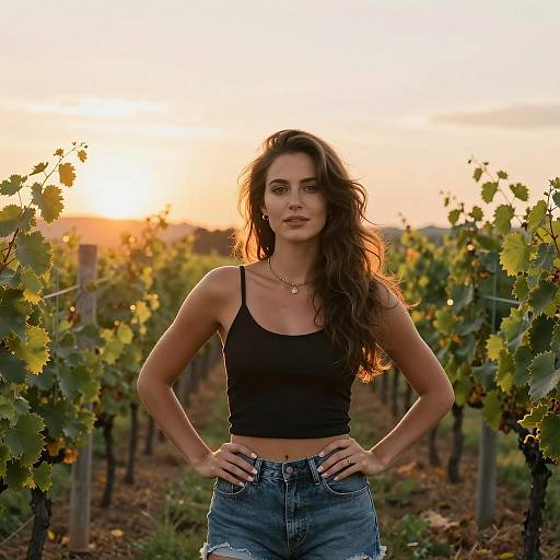 Confident woman in vineyard at sunset