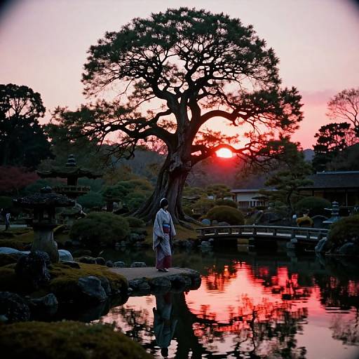 Photograph of a silhouetted person in a kimono standing by a tranquil pond, with a large tree and vibrant red sunset reflected in the