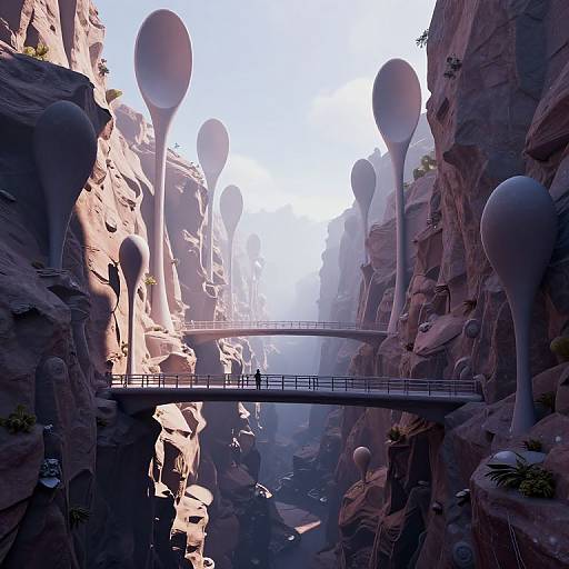 Digital artwork of a futuristic canyon with large, spherical structures on tall pillars, a suspended bridge, and misty, sunlit background.