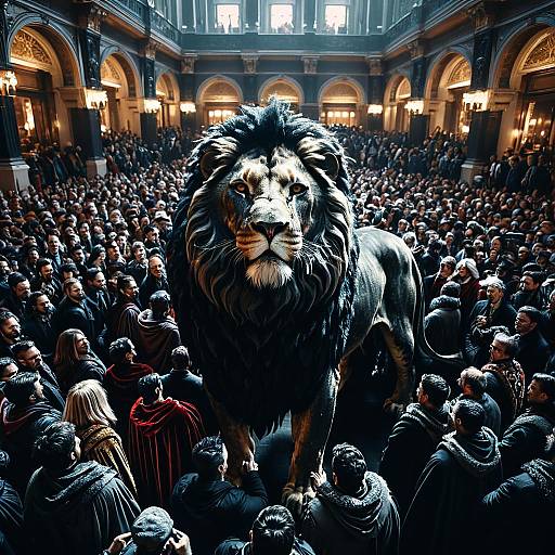 Massive Obsidian Lion Among Crowded Velvet-Caped People