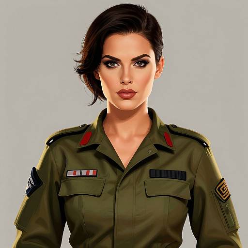 Digital illustration of a confident woman with dark hair in a side ponytail, wearing a green military uniform with medals and badges, set against a plain light