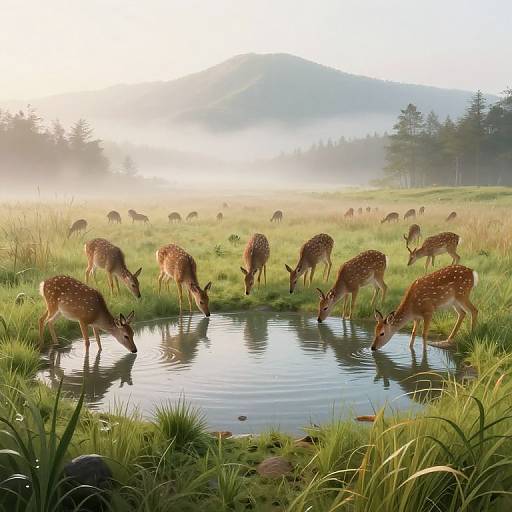 Photograph of a serene meadow with a group of deer drinking from a reflective pond, surrounded by misty hills and grassy field, under a