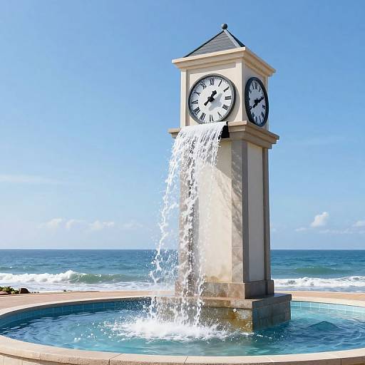 Photograph of a white clock tower with water fountain, standing in a circular pool by the ocean, clear blue sky.