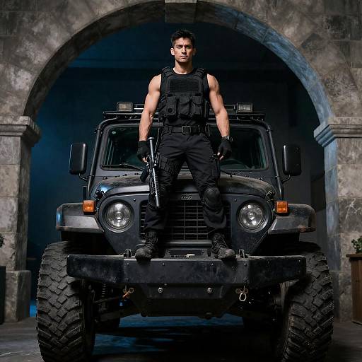 Muscular Soldier Under Stone Archway