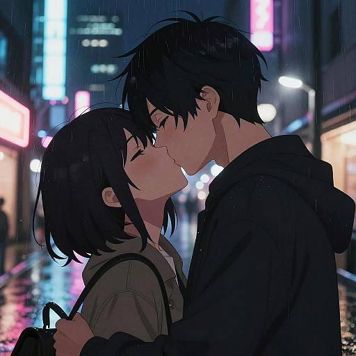Anime-style digital drawing of a black-haired couple kissing in a rainy, neon-lit city street at night, with blurred colorful lights in the background.