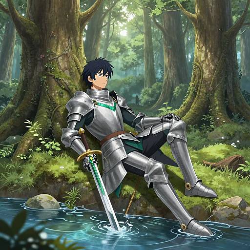 Anime-style drawing of a blue-haired knight in silver armor, leaning against a tree, sword in water, forest background.