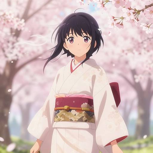 Anime-style drawing of a young woman with black hair and purple eyes, wearing a white kimono with a red obi, standing under blooming cherry