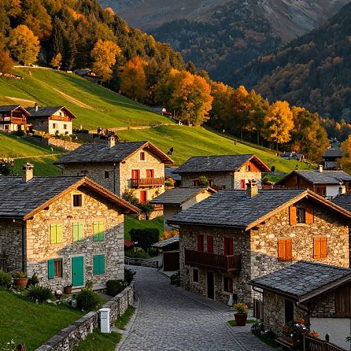 Photograph of a picturesque Alpine village with stone houses, colorful shutters, and vibrant autumn foliage, nestled in a green, hilly landscape.