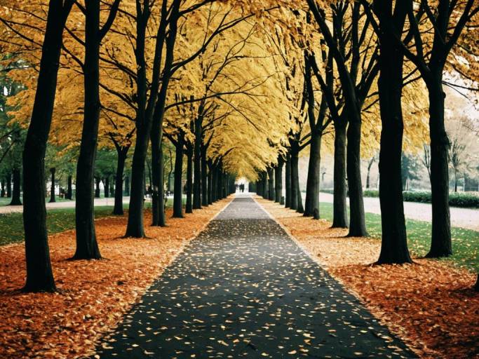 Autumn Park Path with Colorful Leaves