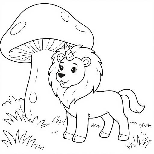 Black and white line drawing of a cute, smiling lion cub standing under a large mushroom in a grassy field.