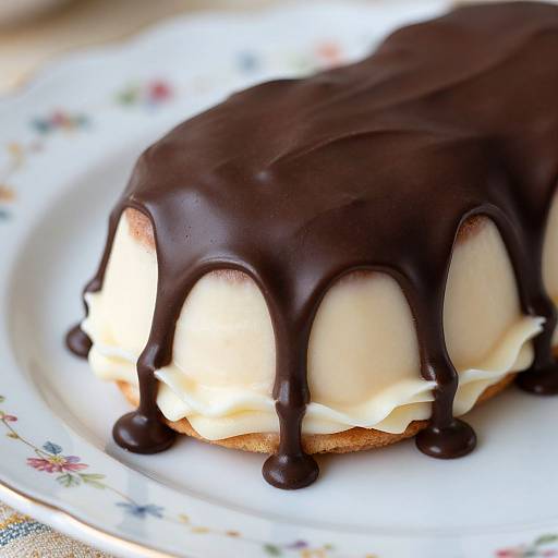 Close-up photograph of a cream-filled cake topped with glossy, chocolate drizzle on a floral-patterned white plate.