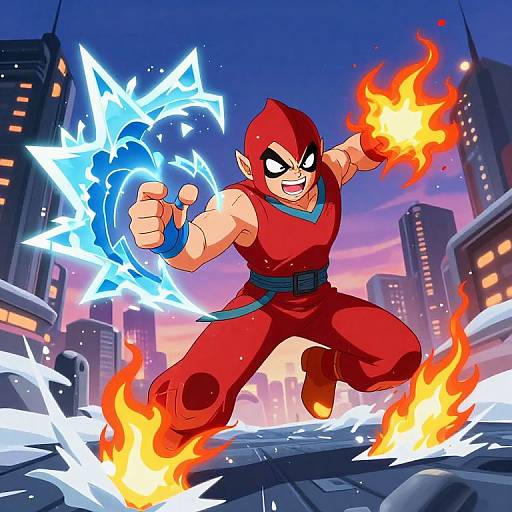 Digital anime-style artwork of a muscular, red-clad Super Saiyan warrior with spiky hair, blue energy in left hand, and orange fire in