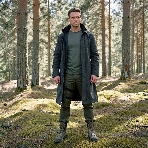 Photograph of a muscular, bearded man with short brown hair, wearing a dark coat, green shirt, and boots, standing in a sunlit