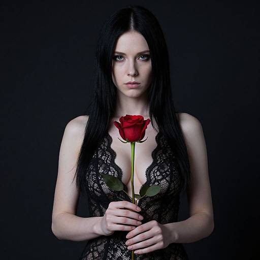 Photograph of pale-skinned woman with long black hair, wearing black lace dress, holding red rose, against dark background.