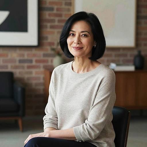 Photograph of a smiling woman with short black hair, wearing a light gray sweater, seated in a modern, brick-walled room.
