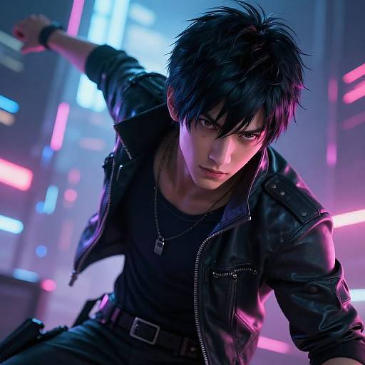 Digital anime-style illustration of a determined, black-haired young man in a leather jacket, crouching with a neon-lit cityscape background.
