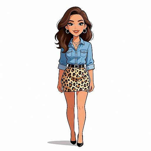Digital illustration of a stylish woman with long brown hair, blue shirt, leopard print skirt, black heels, and hoop earrings.