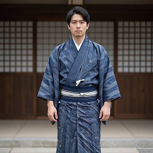 Photograph of a young Asian man in a blue patterned kimono, white belt, standing in front of traditional Japanese shoji screens.