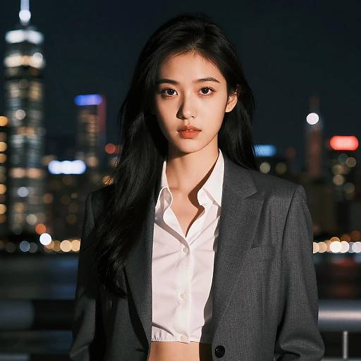 Photograph of an Asian woman with long black hair, wearing a dark gray blazer and white button-up shirt, standing in front of a night city