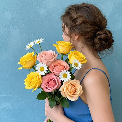 Photograph of a woman with brown hair in a bun, wearing a blue spaghetti-strap top, holding a bouquet of yellow roses, pink roses,