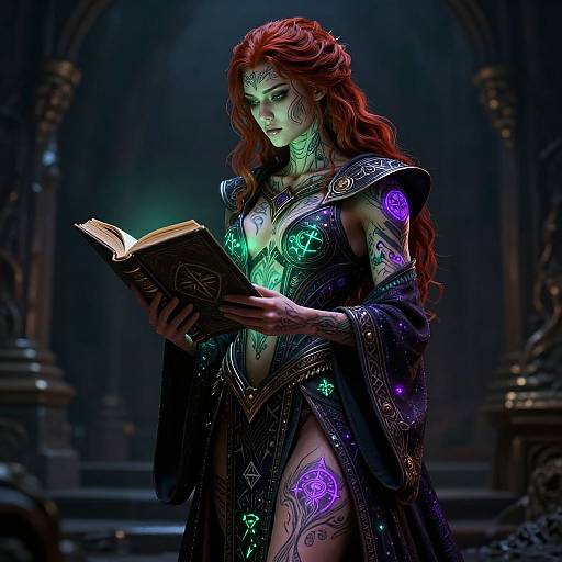 Digital fantasy artwork of a red-haired woman with glowing tattoos, wearing ornate black robes, reading an illuminated book in a dark, gothic cathedral.