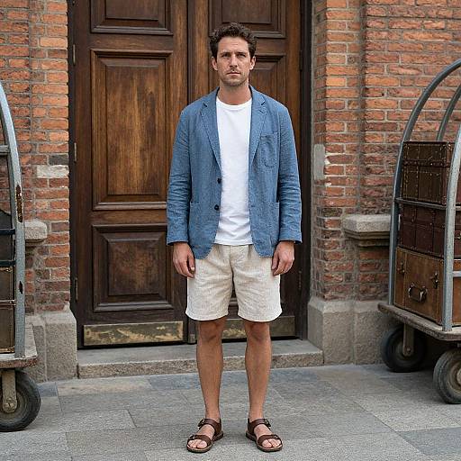 Photograph of a curly-haired, bearded man in denim jacket, white shirt, beige shorts, and brown sandals, standing between luggage carts and a