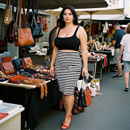 Photograph of a curvy woman with pale skin, black wavy hair, wearing a black crop top and black-and-white striped skirt, holding a