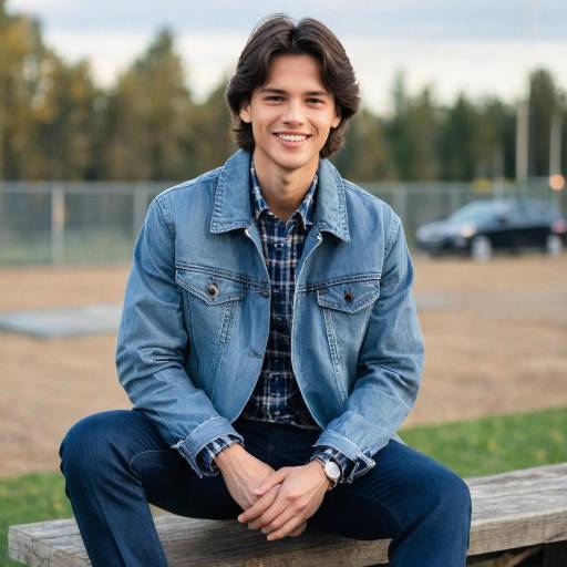 Smiling Young Man in Denim Jacket Sitting Outdoors