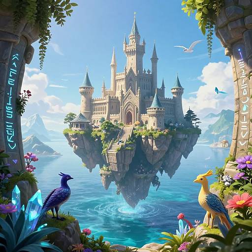 Digital fantasy artwork of a floating, Gothic-style castle surrounded by vibrant flowers, blue birds, and crystal formations over a calm ocean.