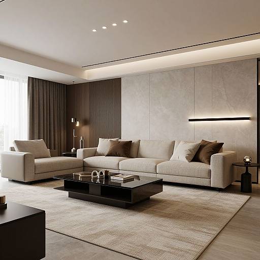 Modern living room photograph: Cream sectional sofa, brown cushions, black coffee table, beige rug, recessed ceiling lights, floor lamps, sheer curtains.