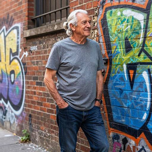 Photograph of an elderly man with gray hair, wearing a gray t-shirt and blue jeans, leaning against a colorful graffiti-covered brick wall.