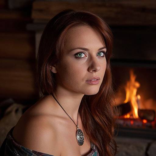 Photograph of a fair-skinned, red-haired woman with green eyes, wearing a black necklace, looking pensively at a lit fireplace in a cozy
