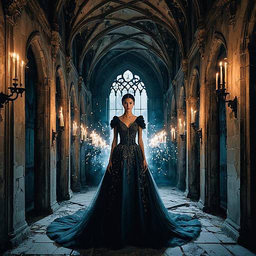 Elegant Queen in Gothic Castle Hallway