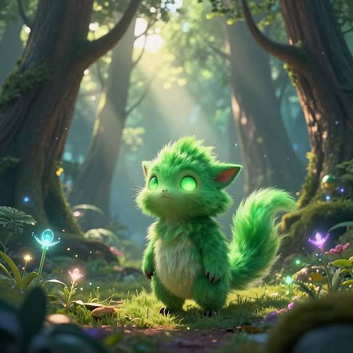 Digital artwork of a cute, glowing green, fluffy forest creature with bright eyes, standing in a sunlit forest filled with colorful fireflies and vibrant flowers