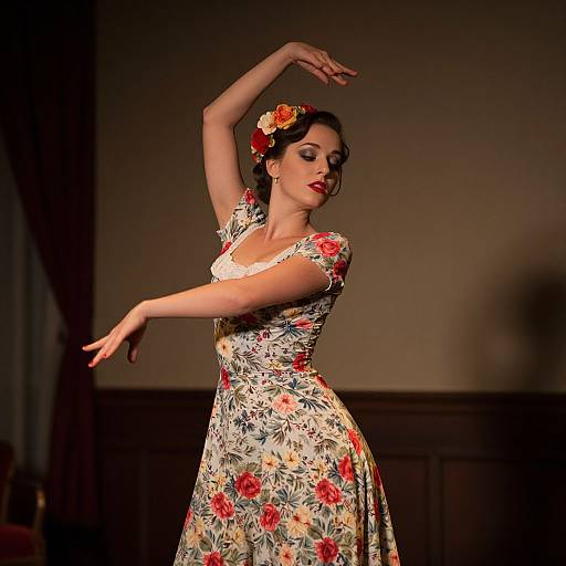 Photograph of a fair-skinned woman with dark hair, wearing a floral dress, flower headpiece, and red lipstick, dancing elegantly in dim