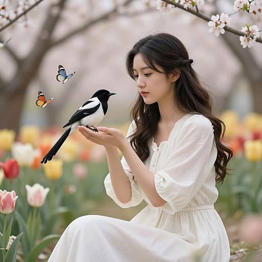 Photograph of an East Asian woman with long black hair in a white dress, gently feeding a black-and-white bird with two butterflies nearby, surrounded by