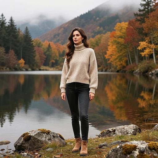 Photograph of a young woman with long brown hair, wearing a beige knitted sweater, black jeans, and brown ankle boots, standing by a reflective