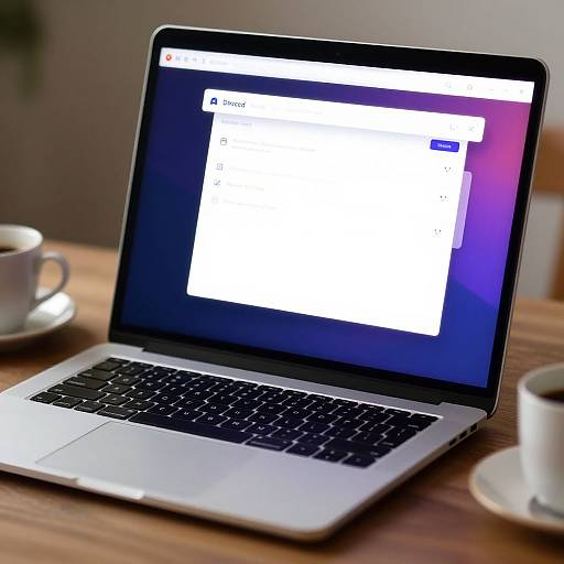Photograph of a silver laptop with black keyboard, displaying a web browser window, on a wooden table with two white coffee cups.