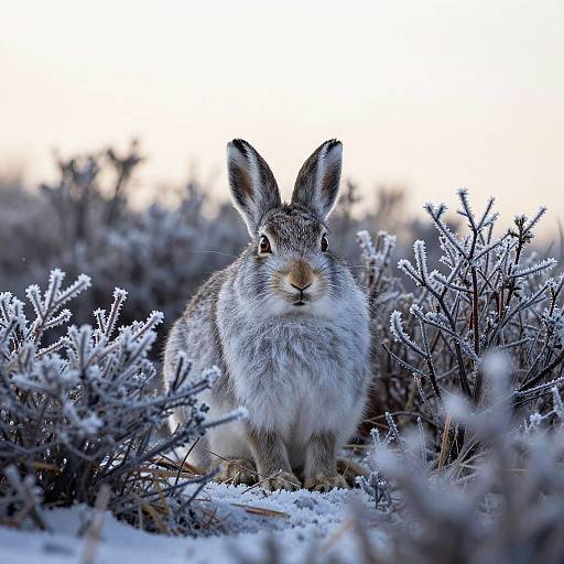 Photograph of a gray and white rabbit with upright ears, standing in a snowy, frost-covered bushy field, looking directly at the camera.