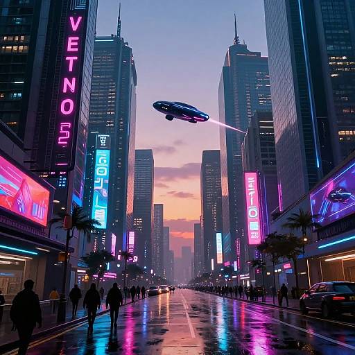 Neon-lit futuristic city street at dusk, with towering skyscrapers, a flying car, and vibrant pink, blue, and purple signs.