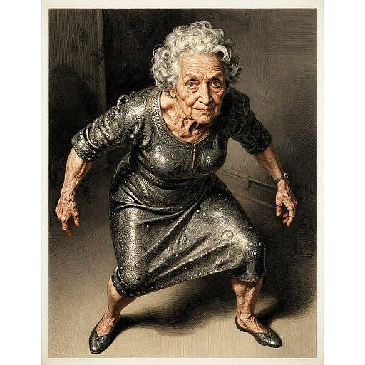 Elderly Woman in Metallic Dress in Dynamic Pose