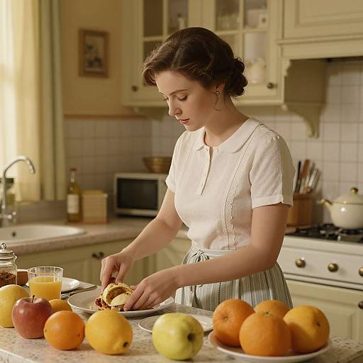Photograph of a fair-skinned woman with dark brown hair, wearing a white blouse and striped apron, slicing an apple at a sunlit kitchen