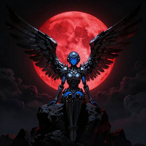 Digital art: Blue robotic angel with black wings, sitting on rocks, in front of a large, glowing red moon in a dark sky.