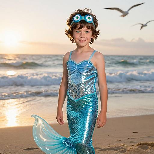 Photograph of a young boy with curly brown hair, wearing a blue sequined mermaid costume and blue goggles, standing on a beach at sunset with