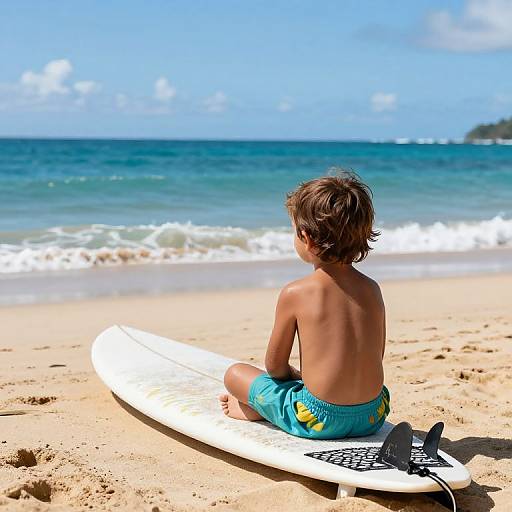 Photograph of a young boy with brown hair, shirtless, wearing blue swim trunks, sitting on a white surfboard on a sandy beach,