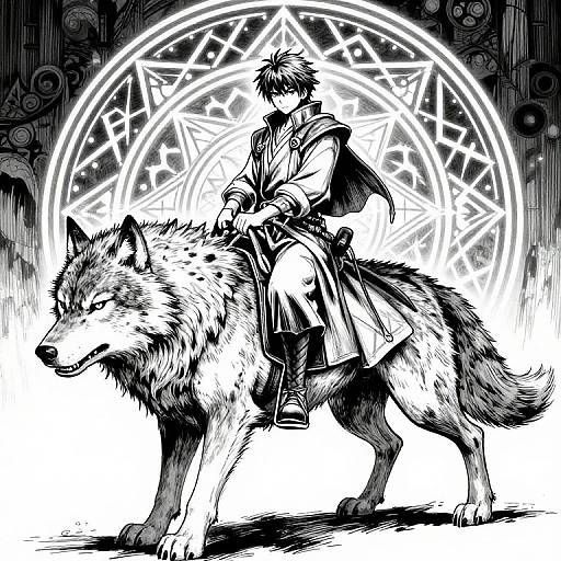 Black-and-white manga-style drawing of a young male mage with spiky hair riding a large, fierce wolf, backed by a glowing, intricate magical circle