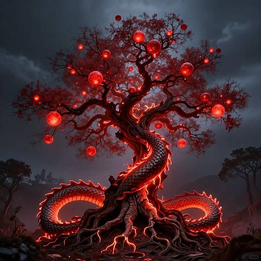 Digital fantasy artwork of a dark, twisted tree with a dragon-like serpent entwined, glowing red lanterns, and fiery red accents. Night sky
