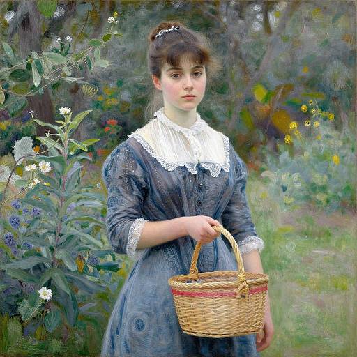 Photorealistic painting of a young woman in a blue Victorian dress with white lace collar, holding a wicker basket, standing in a lush, floral
