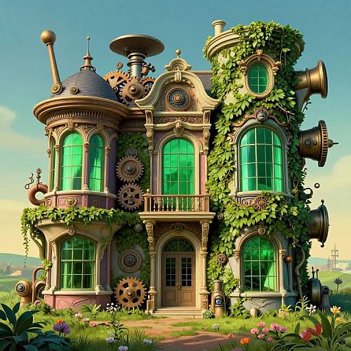 Whimsical steampunk mansion with green-tinted windows, gears, and vines, set in a bright, sunny garden. Digital art style